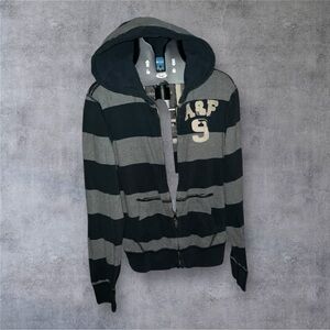 Vintage Abercrombie Striped Gray and Navy thick  Hooded Sweater